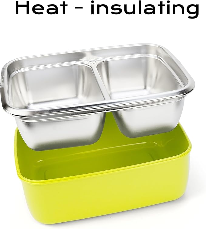 1600ml Stainless Steel Bento Box Lunch Container with 2 Compartments and Removable Plastic Shell, Portable Metal Food Container with Fork and Spoon Set, Leakproof Meal Prep Container for Adults