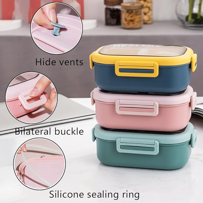 Lille Home 28oz Stainless Steel Leakproof 2-Compartment Bento Lunch Box/Portion Control Food Container with Lunch Bag and Cutlery Set, BPA Free (Blue)