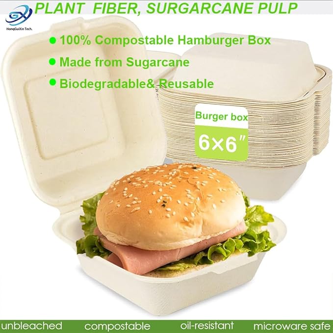 Dhaey HGX Food Storage Container, Biodegradable, Grease-Proof 6x6 Clamshell Small Togo Containers, Small Take Out Boxes 50pk. Disposable, Microwavable Take Out Container With Hinged Lid