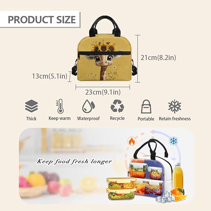 Showudesigns Sunflower Giraffe Lunch Bag for Girls 8-10 10-12 Insulated Lunch Box Kids Cute Food Cooler Tote Bags with Shoulder Straps Lunchbox Containers Travel Bag Picnic Bags