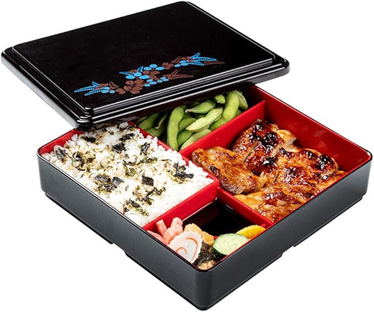 Restaurantware-8.3 x 2.2 Inch Compartment Lunch Container, 1 Japanese Style Adult Lunch Container - With 5 Compartments, Greaseproof, Black & Red Plastic Divided Lunch Box, For Hot & Cold Food