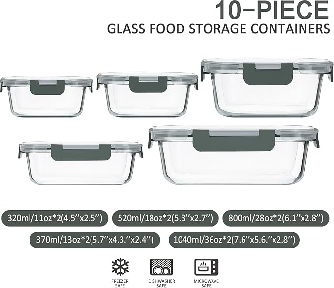 M MCIRCO 10-Pack Glass Food Storage Container with Lids, Airtight Glass Lunch Bento Boxes, Leak Proof Glass Meal Prep Container,Microwave, Oven, Freezer and Dishwasher Friendly