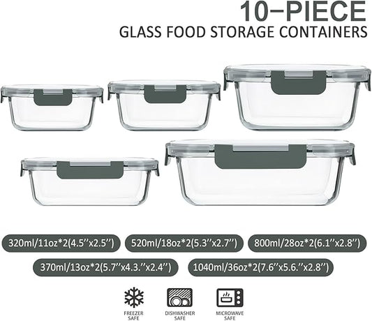 M MCIRCO 10-Pack Glass Food Storage Container with Lids, Airtight Glass Lunch Bento Boxes, Leak Proof Glass Meal Prep Container,Microwave, Oven, Freezer and Dishwasher Friendly
