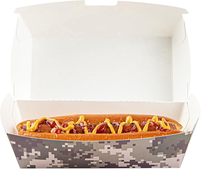 Restaurantware Bio Tek 6.7 x 3.5 x 3.5 Inch Clamshell Food Containers 100 Disposable Sandwich Containers - Hinged Lid Tab-Lock Closure Camouflage Paper Hot Dog Containers Durable Greaseproof
