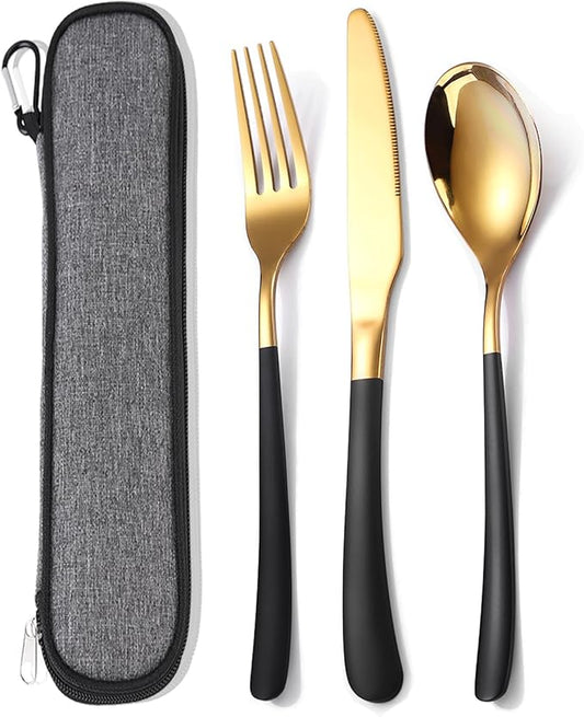 MURRI&MURRDI Stainless Steel Cutlery Set for 1, Reusable Flatware Set with Case, Cutlery Set for Work Stainless Steel Knife Fork Spoon Set 3 Piece (B- 3 Black Gold)
