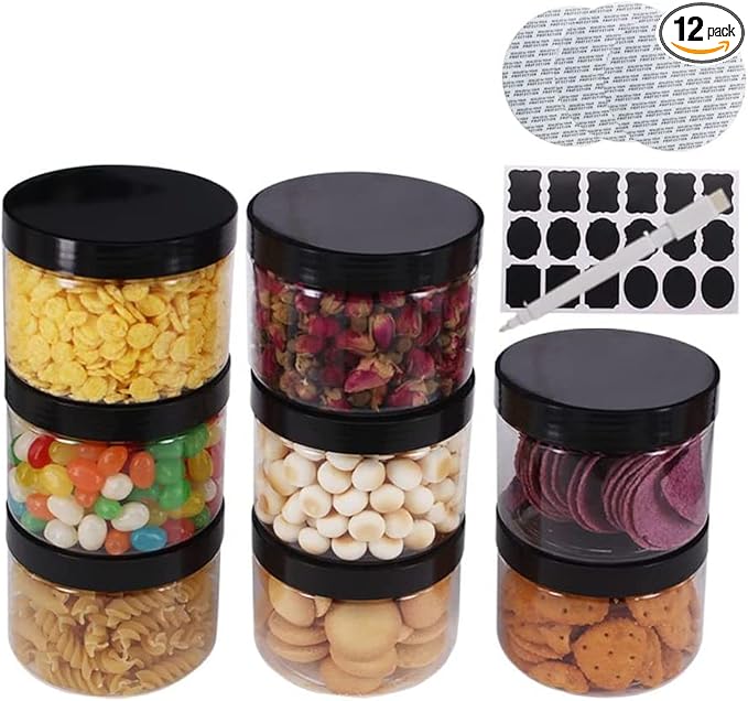 12 Pack 8 OZ Clear Plastic Jars With Black Lids, A Spatula, A Pen & Labels - BPA Free PET Container for Cosmetics, Cream, Bathroom, Kitchen & Travel Plastic Slime Storage Jars
