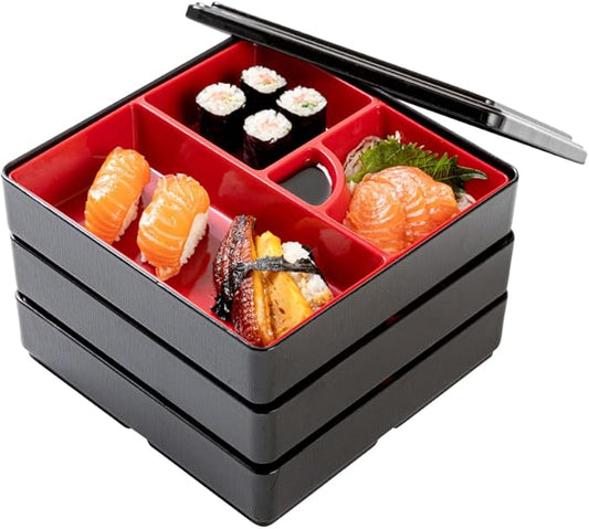 Restaurantware-8.3 x 5.9 Inch 5-Compartment Lunch Container, 1 Japanese Style Adult Lunch Container - 3 Stackable Layers, Black & Red Plastic Divided Lunch Box, Greaseproof, Hot & Cold Food
