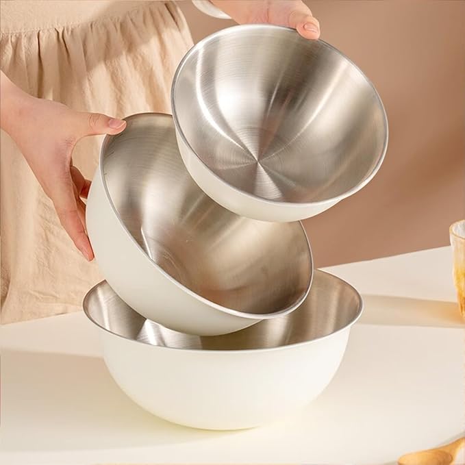 Mixing Bowls, 3Pcs Stainless Steel Mixing Bowl Set, Thick Metal Nesting Basin for the Kitchen, Multifunctional, Stackable, Dishwasher Safe, 1.2/1.8/2.5L(Cream White)