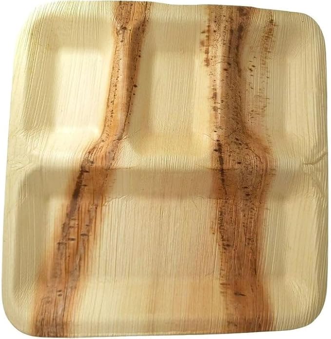 Palm Leaf Compartment Plate Disposable 11x9 Inch (50 Pc.) Bamboo Divided Plate look Compostable Portion Plates For Lunch Canteens, Picnic, Birthday | Sturdy Alternate to Paper Sectional Plates
