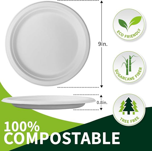 150 Pieces 100% Compostable Paper Plates (White 9"") Heavy Duty Disposable Plates Eco Plates Made of Sugarcane Fiber Biodegradable Plates for Everyday Dinner, Party, Barbecue, XS-YP09