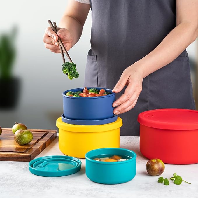 KSENDALO Silicone Containers with Lids Set of 4,Reusable Silicone Food Storage Containers from Large 2100mL to 400ml, Ideal for Meal Prep Containers, Lunch Box,Travel, Camping, Multicolors