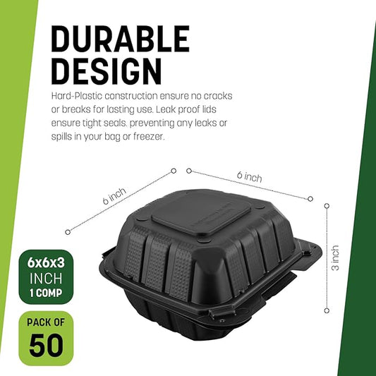 6X6X3 1-Compartment 50-Pack Plastic Clamshell Takeout Food Trays Heavy Duty Disposable Box For Pasta Salad Sandwich Meal Prep Packaging Hinged Containers With Secure Snap Lid - Black