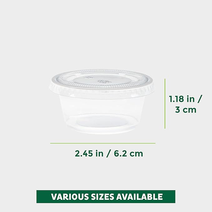Freshware Plastic Portion Cups with Lids [2 Ounce, 100 Set] Disposable Plastic Cups for Meal Prep, Salad Dressing, Jellos Shot Cups, Souffle Cups, Condiment and Dipping Sauce Cups