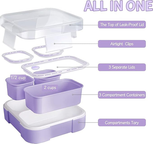 Genteen Small Kids Snack Containers for School 3 Compartment Travel Snack Containers with Dividers Portion Control Lunch box for Kids with Leak-proof Lids BPA Free (Purple + Blue)