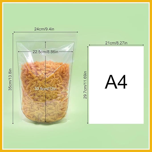 SumDirect 100pcs 9.5x13.8 Inches Clear Stand Up Food Bags, Zipper Stand-up Reusable Sealing Food Pouches Snack Packing Bag with Tear Notch Heat Resealable for Storing, Cookie, Snack Tea and Drinking