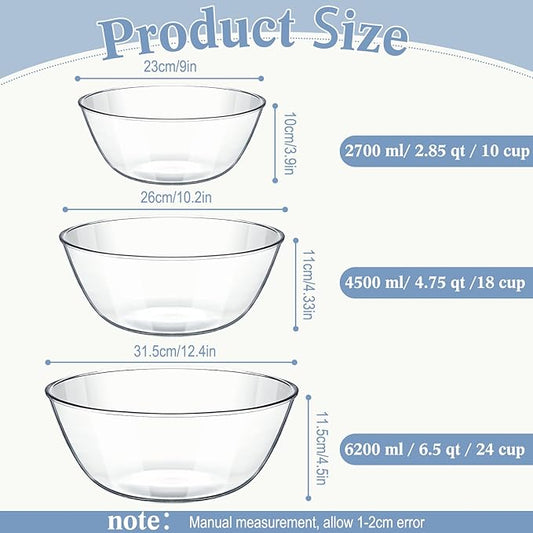 Domensi 3 Pcs 6.5 Qt, 4.8 Qt, 2.9 Qt Large Glass Mixing Bowls Clear Glass Salad Cooking Bowls for Kitchen Salad Bread Storage, Dishwasher, Freezer, Microwave