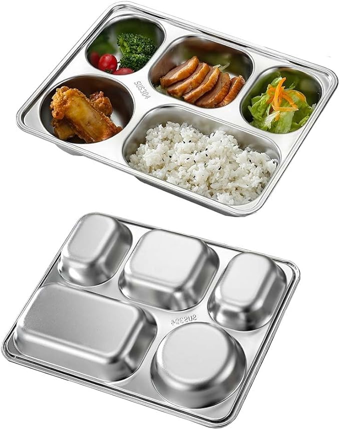Large 13 inches Stainless Steel Rectangular Divided Plates,5 Sections Dinner Plates for Adults,Campers and Portion Control Lunch Container,2 Pack Unbreakable Rectangular Plates for Every Day Use