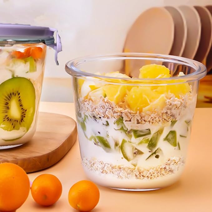 Glass Soup Containers with Lids, 3 Cup Round Glass Food Container Set, Leakproof Overnight Oats Jars, BPA-free kitchen Meal Prep Containers, Microwave, Freezer, Dishwasher Safe (Purple)