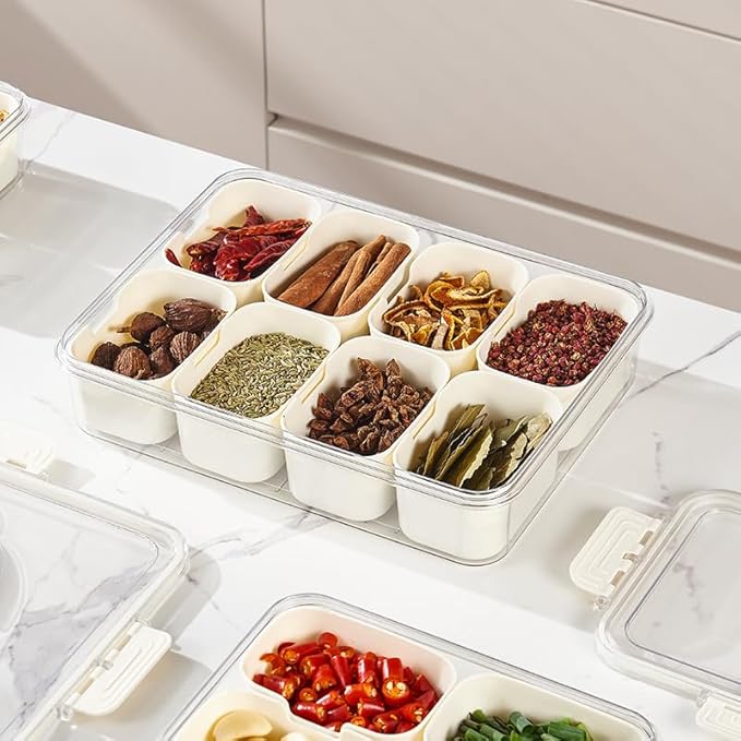 JOSUCLEN Plastic 8-Compartment Containers | Travel, Car, Charcuterie | Divided, with Lid and Handle | Fruit, Candy, Veggie, Vegetables, Nuts