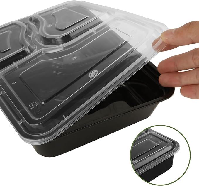 50PCS Disposable Meal Prep Containers 3 Compartment Food Prep Containers with Lids 30oz Plastic Bento Box Lunch Containers Stackable Meal Prep Containers Bulk for Microwave, Freezer Safe