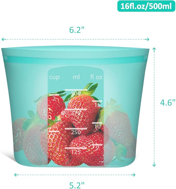 Reusable Snack Bags, 4 Pack, Stand Up 100% Silicone Reusable Storage Bag, Ziplock Silicone Food Storage Containers Snack Size, Freezer Microwave Oven Dishwasher Safe, Aqua+Translucent, 16oz