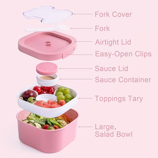 All-in-One Bento Box Container - Large 61-oz Adult Lunch Box with Bag, 4-Compartment Bento-Style Tray, 3-oz Sauce Container, and Reusable Fork - Dishwasher, Microwave (red)