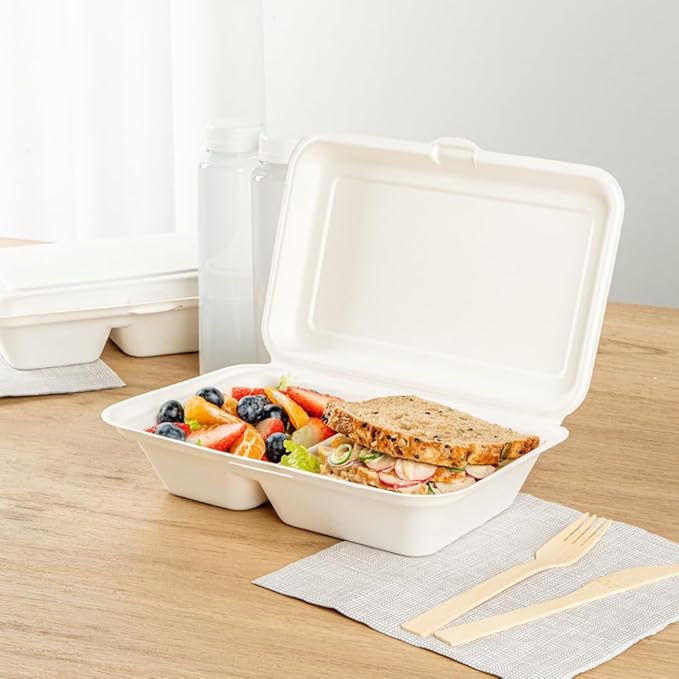 Restaurantware Pulp Safe No PFAS Added 34 Ounce Clamshell Boxes 100 Disposable Containers - Home Compostable 2 Compartments White Bagasse Containers Microwavable And Freezable Hinged Lid