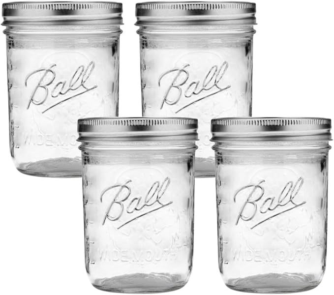 Ball Wide Mouth Glass Mason Jars with Lids and Bands, Used for Canning, Pickling, Juice, Jam, Jelly, Pint Size 16 Ounce (Pack of 4)
