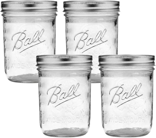 Ball Wide Mouth Glass Mason Jars with Lids and Bands, Used for Canning, Pickling, Juice, Jam, Jelly, Pint Size 16 Ounce (Pack of 4)