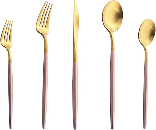 Silverware Set, Hand polished Matte Gold Pink Flatware Cutlery Set Service for 2, Satin Finish 10 Pieces 18/10 Stainless Steel Utensils Set for Home and Restaurant, Dishwasher Safe