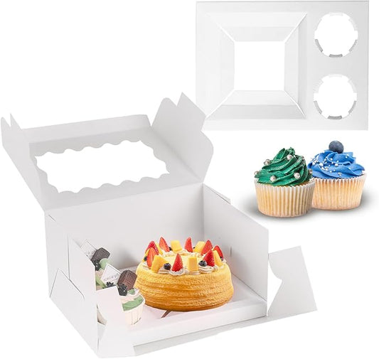 16 Packs Bento Cake and Cupcake Clear Lid with 2 Cupcake Holes - Cake and Cupcakes Boxes - Pastry Sweets Bento Box with Cupcake Insert for Family Birthday Party Mother's day(1+2/16Pcs)