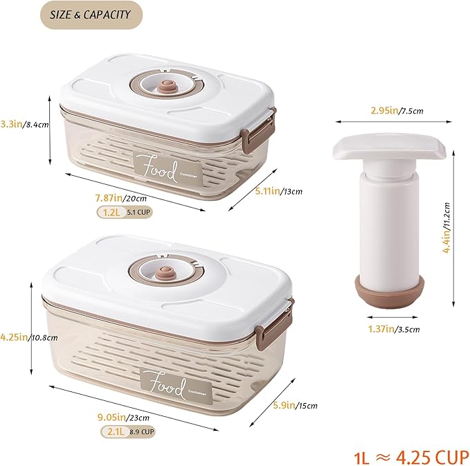 Vacuum Seal Containers - Marinade and Keep Food Fresh with Time Dial, BPA Free, Drainer, Microwave Friendly - 2 Piece Set (5.1Cups+8.9Cups Rectangular)