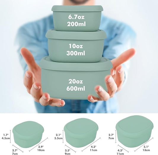 Anatole Silicone Food Storage Containers Set of 3 Lunch Box Bento with Lids BPA Free Dishwasher Microwave Oven Freezer Safe (6.7oz, 10oz, 20oz) Green