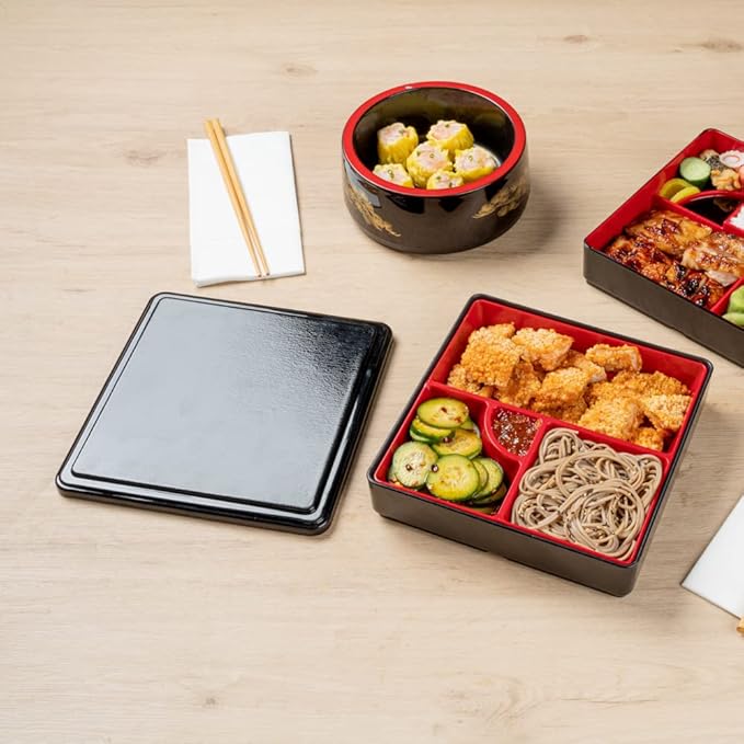 Restaurantware-8.3 x 2.2 Inch Compartment Lunch Container, 1 Japanese Style Adult Lunch Container - With 4 Compartments, Greaseproof, Black & Red Plastic Divided Lunch Box, For Hot & Cold Food