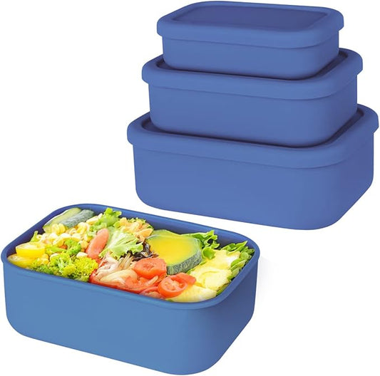 Silicone Food Storage Containers, Set of 3 Rectangular Bento Lunch Box Containers with Lids, Hard-Shell Silicone, Airtight, Microwave, Dishwasher and Freezer Safe (10oz, 23.6oz, 44oz)