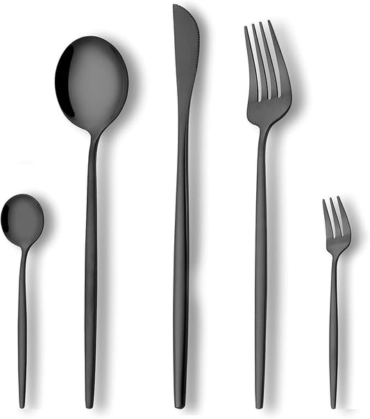 Black Silverware Set 20-Piece, Stainless Steel Flatware Set Service for 4, LaienLife Unique Utensils with Fork and Spoon Teaspoon, Mirror Black Cutlery Set, Silverware for Home Party Kitchen