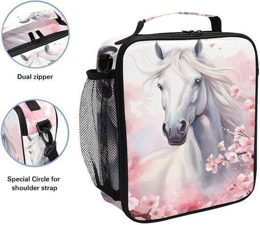 White Horse Lunch Box for Kids Boys Girls, Cherry Floral Cooler Insulated Lunch Tote Bag with Adjustable Strap for School Daycare