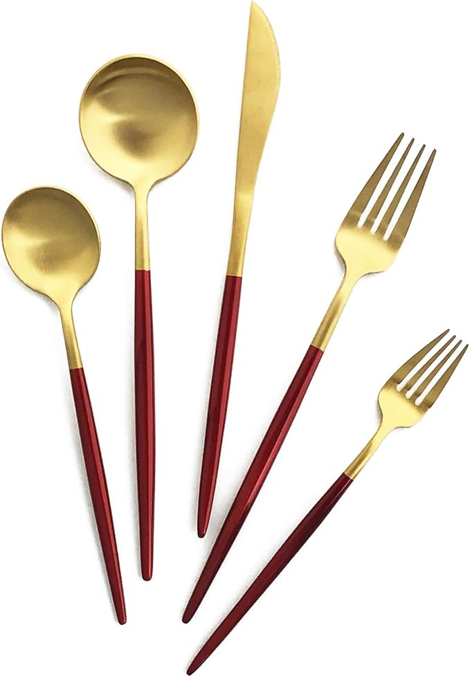 Silverware Set, Hand polished Matte Gold Red Flatware Cutlery Set Service for 2, Satin Finish 10 Pieces 18/10 Stainless Steel Utensils Set for Home and Restaurant, Dishwasher Safe