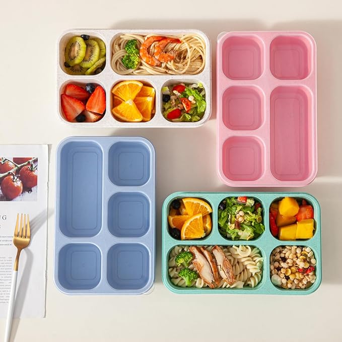 4 Pack Adult Lunch Box Snack Box for Kids, 5 Compartment Meal Prep Containers Reusable Portion Control Containers Wheat Straw Lunch Box Food Storage Containers for School, Work, Travel