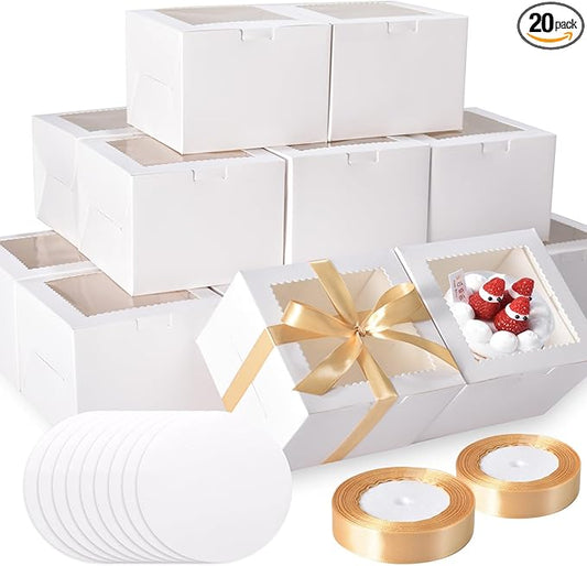 KPOSIYA 40pcs 8x8x5 inches Cake Boxes with Cake Boards（20 Boxes & 20 Boards）, White 8 inch Cake Boxes with Window,Cajas Pasteles Square Cardboard Cake Containers for Christmas Thanksgiving