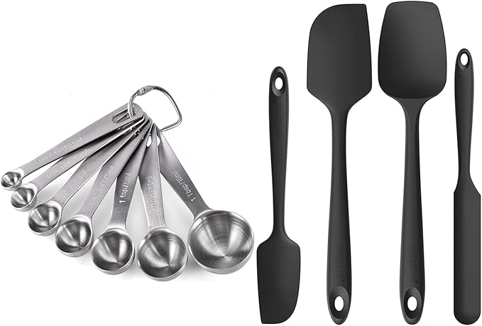 U-Taste 18/8 Stainless Steel Measuring Spoons Set for Dry and Liquid Ingredients, and Upgraded 600ºF High Resistant Flexible and Sturdy Silicone Spatula Set of 4 (Black)