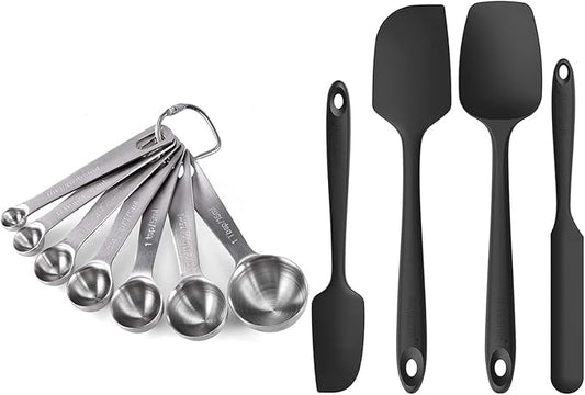 U-Taste 18/8 Stainless Steel Measuring Spoons Set for Dry and Liquid Ingredients, and Upgraded 600ºF High Resistant Flexible and Sturdy Silicone Spatula Set of 4 (Black)