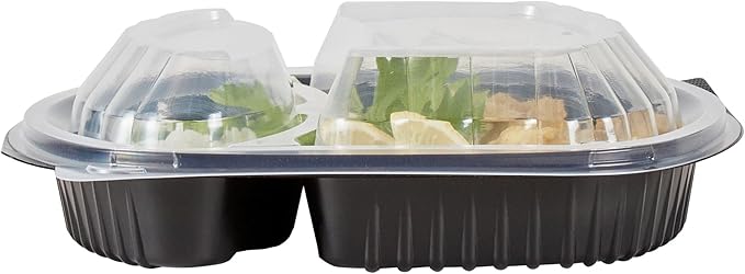 RW Base 28 Ounce Meal Prep Containers, 100 Microwavable To Go Containers With Lids - 2 Compartments, Disposable, Black Plastic Oval Food Containers, For Hot And Cold Food, Freezable - Restaurantware