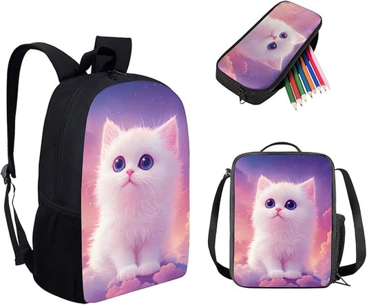 Dolyues White Cat 17-inch School Backpack, Convenient Dual-Shoulder Lunch Bag, & Practical Pencil Pouch – Ideal for Organizing School Supplies & Meals