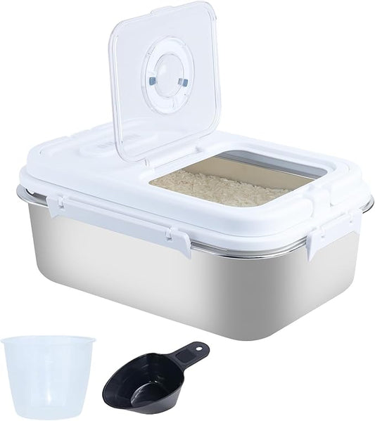 PENCK 15lbs Airtight Rice Storage Container Stainless Steel Flour Sugar Dispenser Food Box Holder Grain Cereal Bin with Measuring Cup for Kitchen Pantry Countertop, Silver