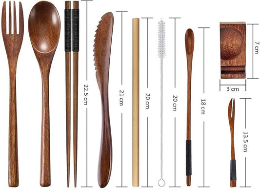 Wooden Utensil Flatware Set Reusable Utensils Travel Cutlery Set for Eating with Case, 10 Pcs Wooden Spoon and Fork Set Bamboo Flatware Set with Wooden Knife, Fork, Spoon, Chopsticks, Straws and Brush