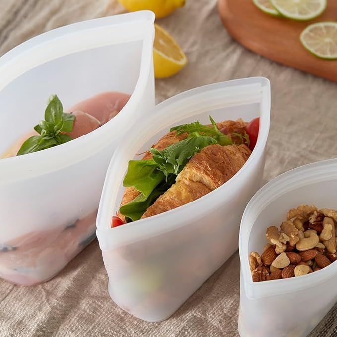 Reusable Silicone Food Storage Bags - 100% Food Grade BPA-Free, Freezer/Microwave/Dishwasher Safe | Stand-Up Zip Closure, Leakproof Eco-Friendly Meal Prep Containers (3 Pack Stand-up & 2 Pack Flat)