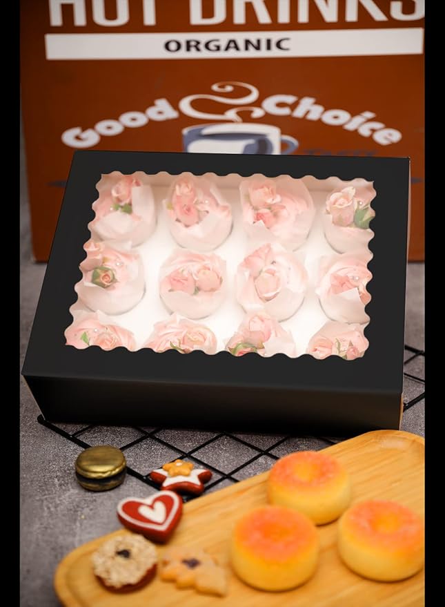 qiqee Black 12 Cupcake Boxes with Window 16-Packs Cupcake Box 13"x10"x3.5" Cupcakes Carrier, 12 Cupcake Containers