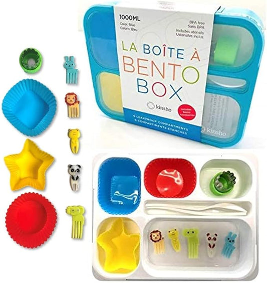 kinsho Bento Lunch Box with 9 Accessories for Kids, Snack Container Set with Food Picks, Silicone Cups, Steel Metal Vegetable Cutter and Utensils.Leakproof Set, BPA Free for Boys Girls Toddlers, Blue