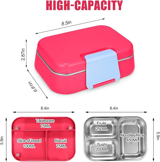 Stainless Steel Lunch Box Leakproof 1000ml Bento Box with 3-Compartment Removable Tray, Eco-Friendly Food Container for Kids & Adults, Office, Travel, BPA Free (RoseRed)